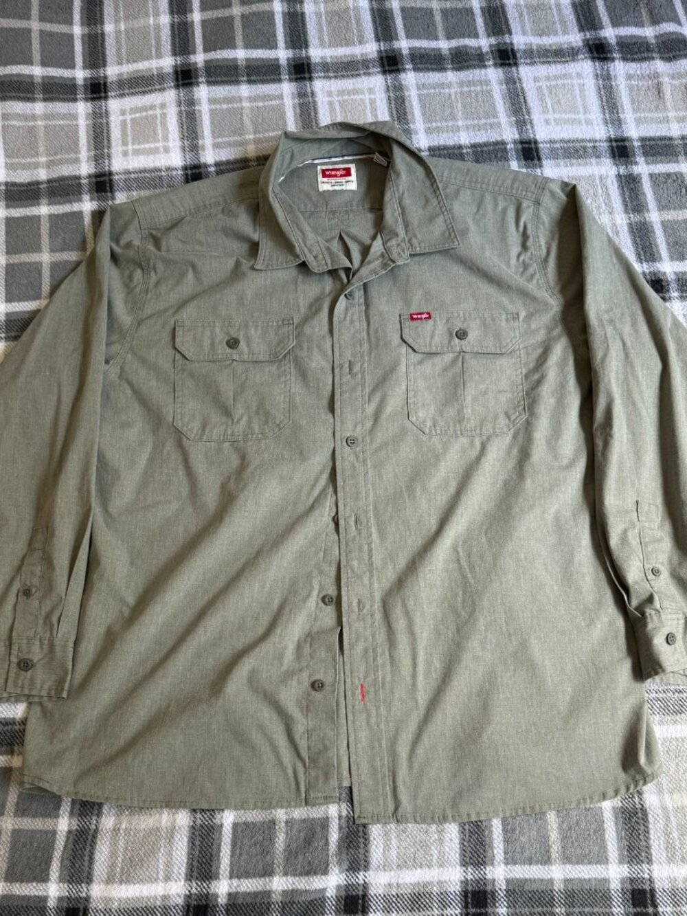Wrangler Mens Long Sleeve Work Shirt Sage Green Button Up Two Pocket Western 2XL